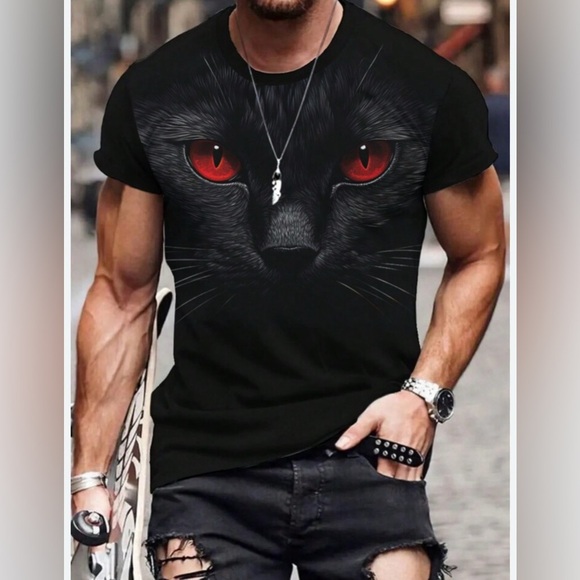Shein Men's Manfinity Dauomo Size  XXL Black Cat Printed Short Sleeve T Shirt - Picture 3 of 9